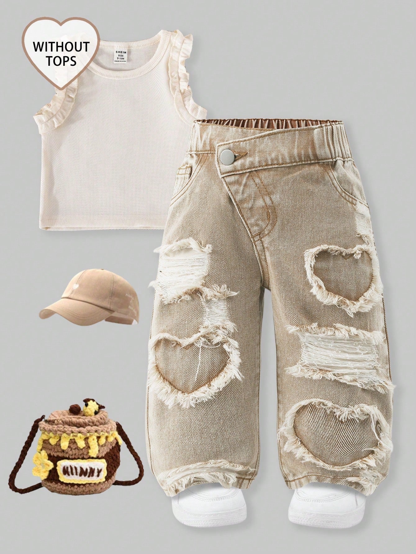 Baby Girls' Slant Waist Ripped Heart Jeans, Khaki, Summer, Soft Cotton Fabric, Back-To-School Career Day Tapered Pants, Light Wash Denim Graduation