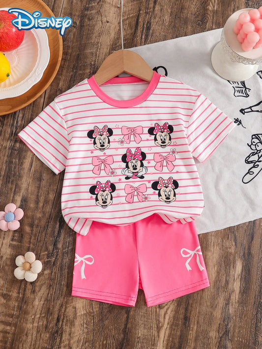 Baby Girls T-Shirt Set, Summer Disney Sweet Style, Fitted Round Neck White & Pink Striped Minnie Mouse Multi-Face Print Short Sleeve T-Shirt + Fuchsia Bow Shorts 2-Piece Set, Casual Daily Outing, Vaca