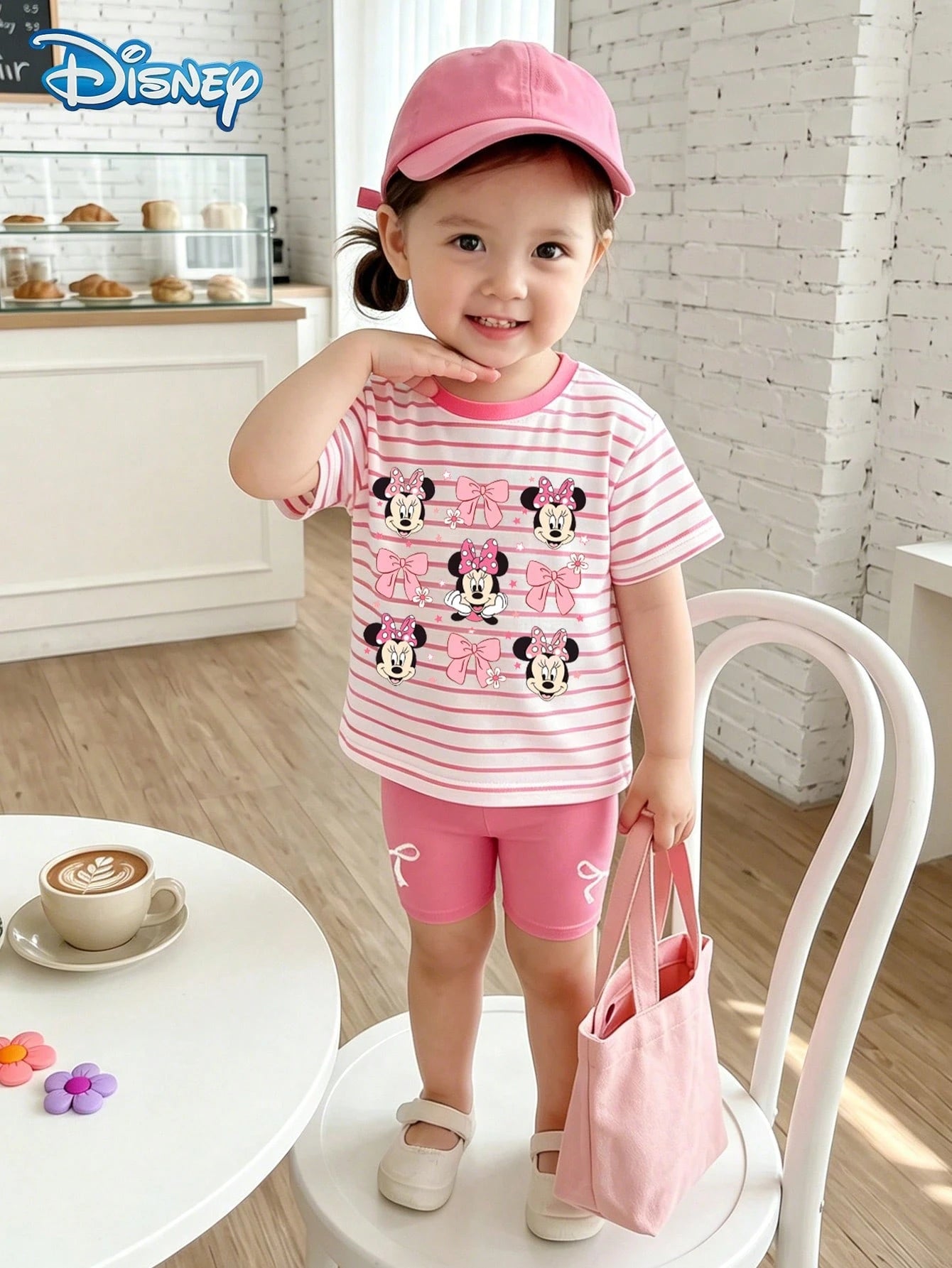 Baby Girls T-Shirt Set, Summer Disney Sweet Style, Fitted Round Neck White & Pink Striped Minnie Mouse Multi-Face Print Short Sleeve T-Shirt + Fuchsia Bow Shorts 2-Piece Set, Casual Daily Outing, Vaca