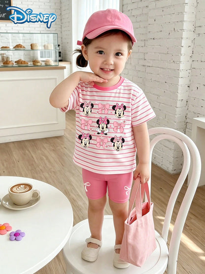 Baby Girls T-Shirt Set, Summer Disney Sweet Style, Fitted Round Neck White & Pink Striped Minnie Mouse Multi-Face Print Short Sleeve T-Shirt + Fuchsia Bow Shorts 2-Piece Set, Casual Daily Outing, Vaca