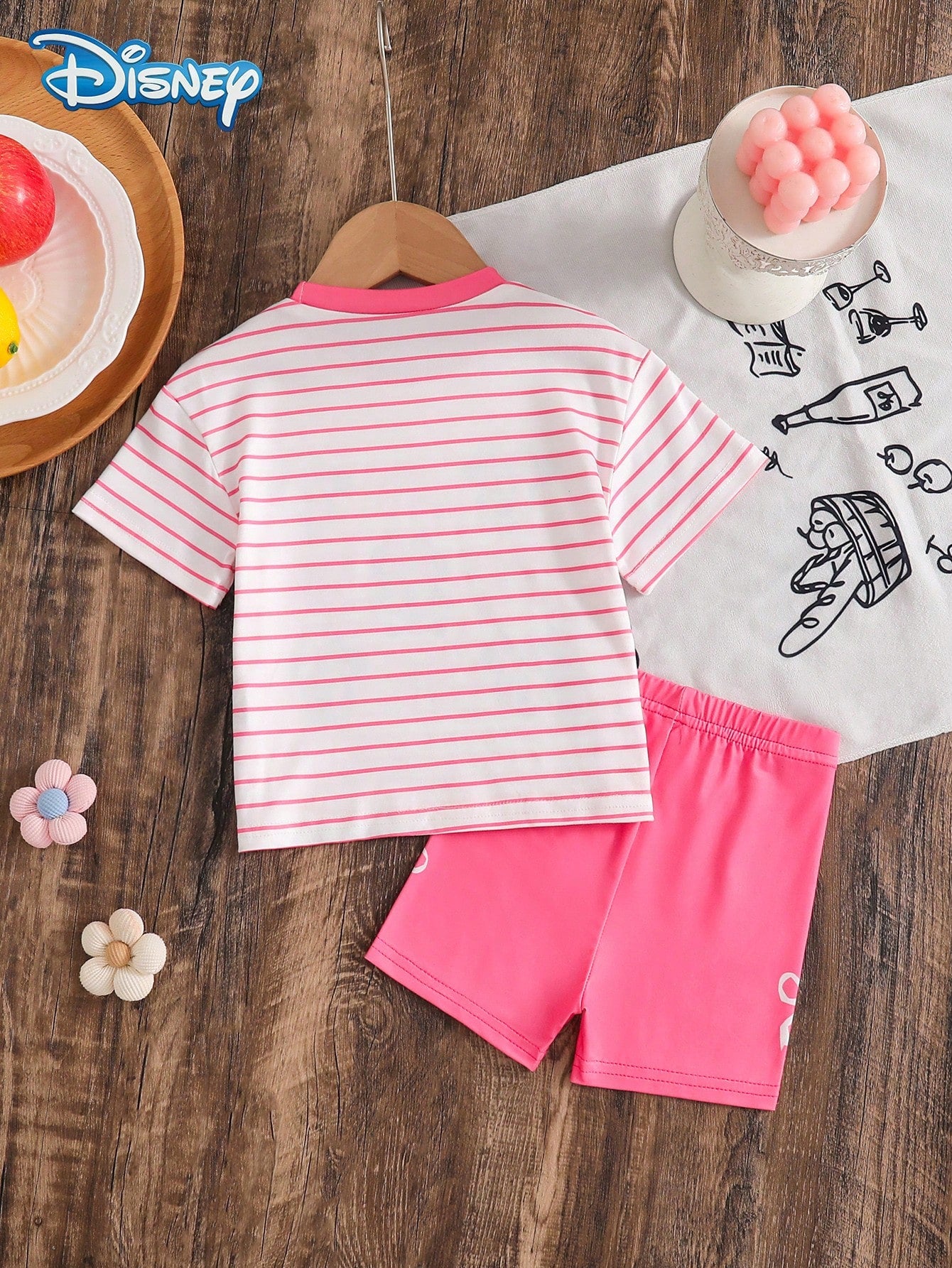 Baby Girls T-Shirt Set, Summer Disney Sweet Style, Fitted Round Neck White & Pink Striped Minnie Mouse Multi-Face Print Short Sleeve T-Shirt + Fuchsia Bow Shorts 2-Piece Set, Casual Daily Outing, Vaca