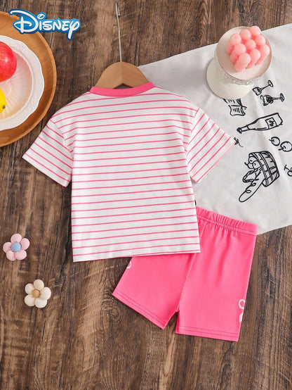 Baby Girls T-Shirt Set, Summer Disney Sweet Style, Fitted Round Neck White & Pink Striped Minnie Mouse Multi-Face Print Short Sleeve T-Shirt + Fuchsia Bow Shorts 2-Piece Set, Casual Daily Outing, Vaca