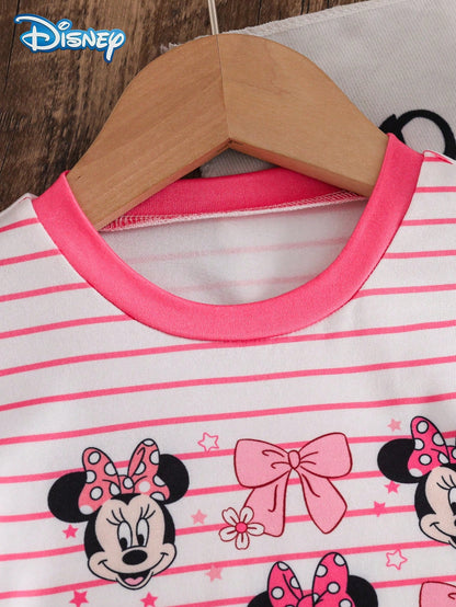 Baby Girls T-Shirt Set, Summer Disney Sweet Style, Fitted Round Neck White & Pink Striped Minnie Mouse Multi-Face Print Short Sleeve T-Shirt + Fuchsia Bow Shorts 2-Piece Set, Casual Daily Outing, Vaca