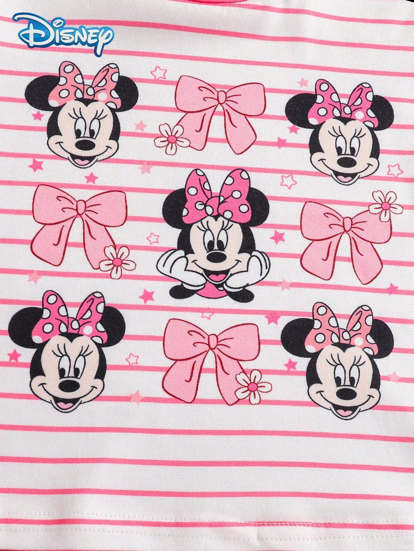 Baby Girls T-Shirt Set, Summer Disney Sweet Style, Fitted Round Neck White & Pink Striped Minnie Mouse Multi-Face Print Short Sleeve T-Shirt + Fuchsia Bow Shorts 2-Piece Set, Casual Daily Outing, Vaca