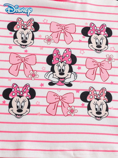 Baby Girls T-Shirt Set, Summer Disney Sweet Style, Fitted Round Neck White & Pink Striped Minnie Mouse Multi-Face Print Short Sleeve T-Shirt + Fuchsia Bow Shorts 2-Piece Set, Casual Daily Outing, Vaca