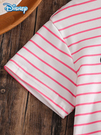 Baby Girls T-Shirt Set, Summer Disney Sweet Style, Fitted Round Neck White & Pink Striped Minnie Mouse Multi-Face Print Short Sleeve T-Shirt + Fuchsia Bow Shorts 2-Piece Set, Casual Daily Outing, Vaca