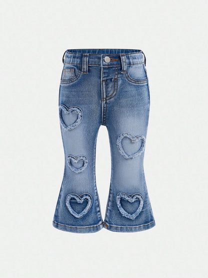 Baby Girls' Y2K Frayed Heart Denim Jeggings, Blue,Fall Clothes,Autumn Clothes,Heartwarming Patch,2000s Style Winter