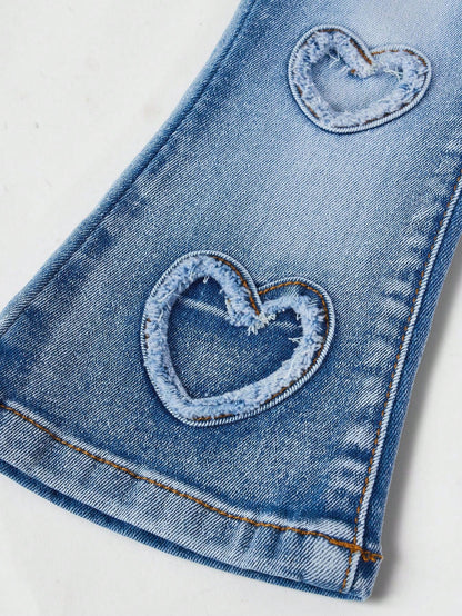 Baby Girls' Y2K Frayed Heart Denim Jeggings, Blue,Fall Clothes,Autumn Clothes,Heartwarming Patch,2000s Style Winter
