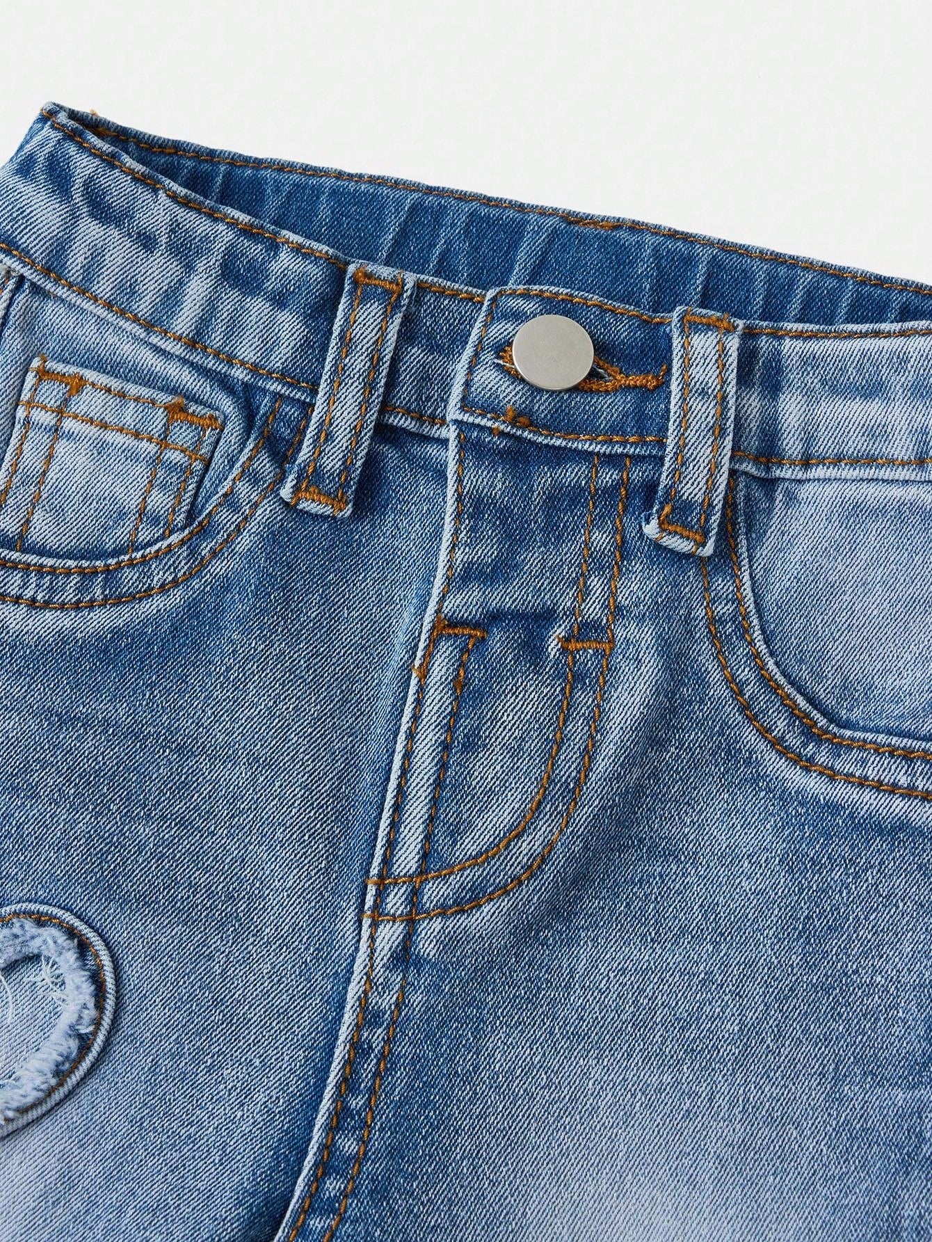 Baby Girls' Y2K Frayed Heart Denim Jeggings, Blue,Fall Clothes,Autumn Clothes,Heartwarming Patch,2000s Style Winter