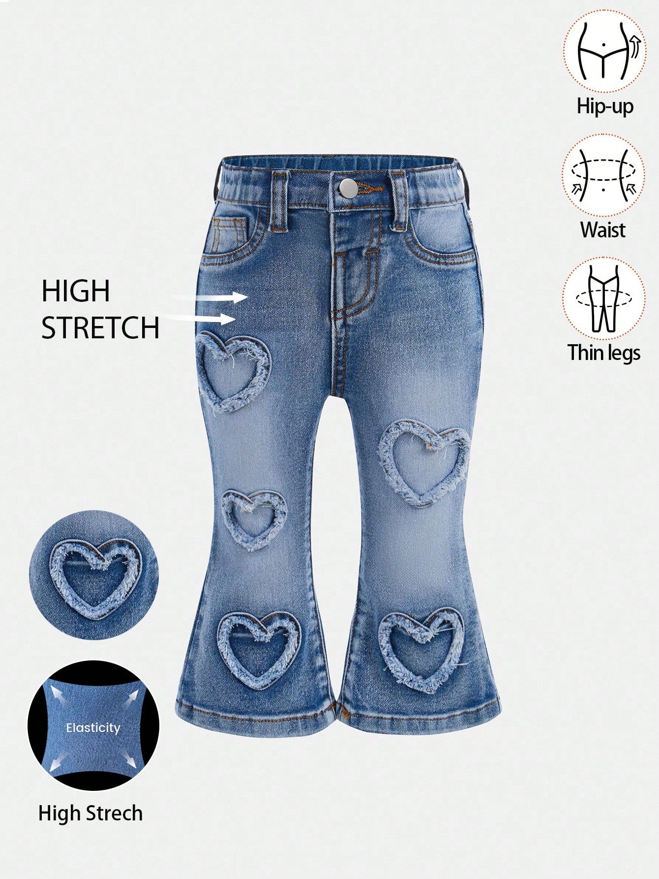 Baby Girls' Y2K Frayed Heart Denim Jeggings, Blue,Fall Clothes,Autumn Clothes,Heartwarming Patch,2000s Style Winter