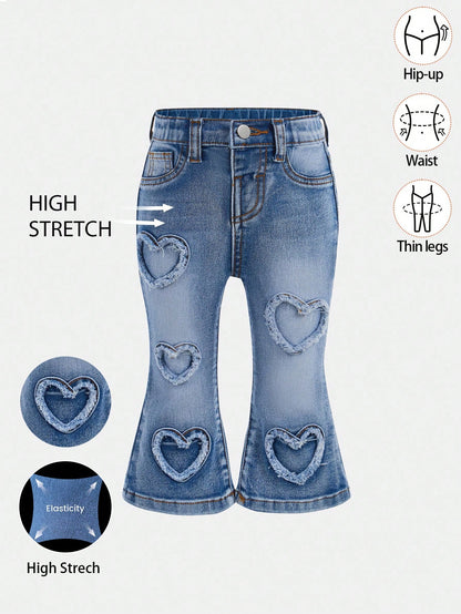 Baby Girls' Y2K Frayed Heart Denim Jeggings, Blue,Fall Clothes,Autumn Clothes,Heartwarming Patch,2000s Style Winter
