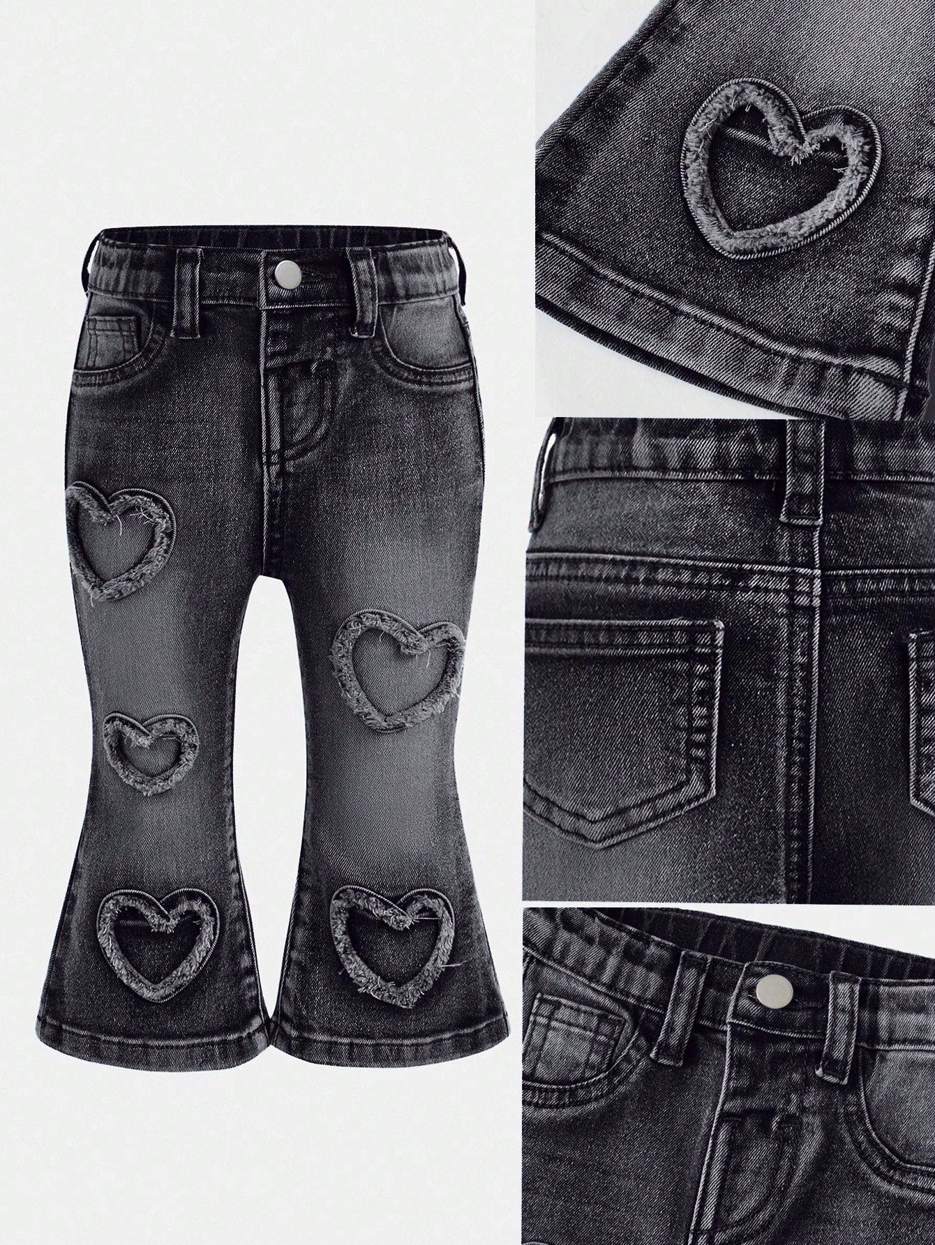 Baby Girls' Y2K Frayed Heart Denim Jeggings, Blue,Fall Clothes,Autumn Clothes,Heartwarming Patch,2000s Style Winter