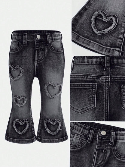 Baby Girls' Y2K Frayed Heart Denim Jeggings, Blue,Fall Clothes,Autumn Clothes,Heartwarming Patch,2000s Style Winter