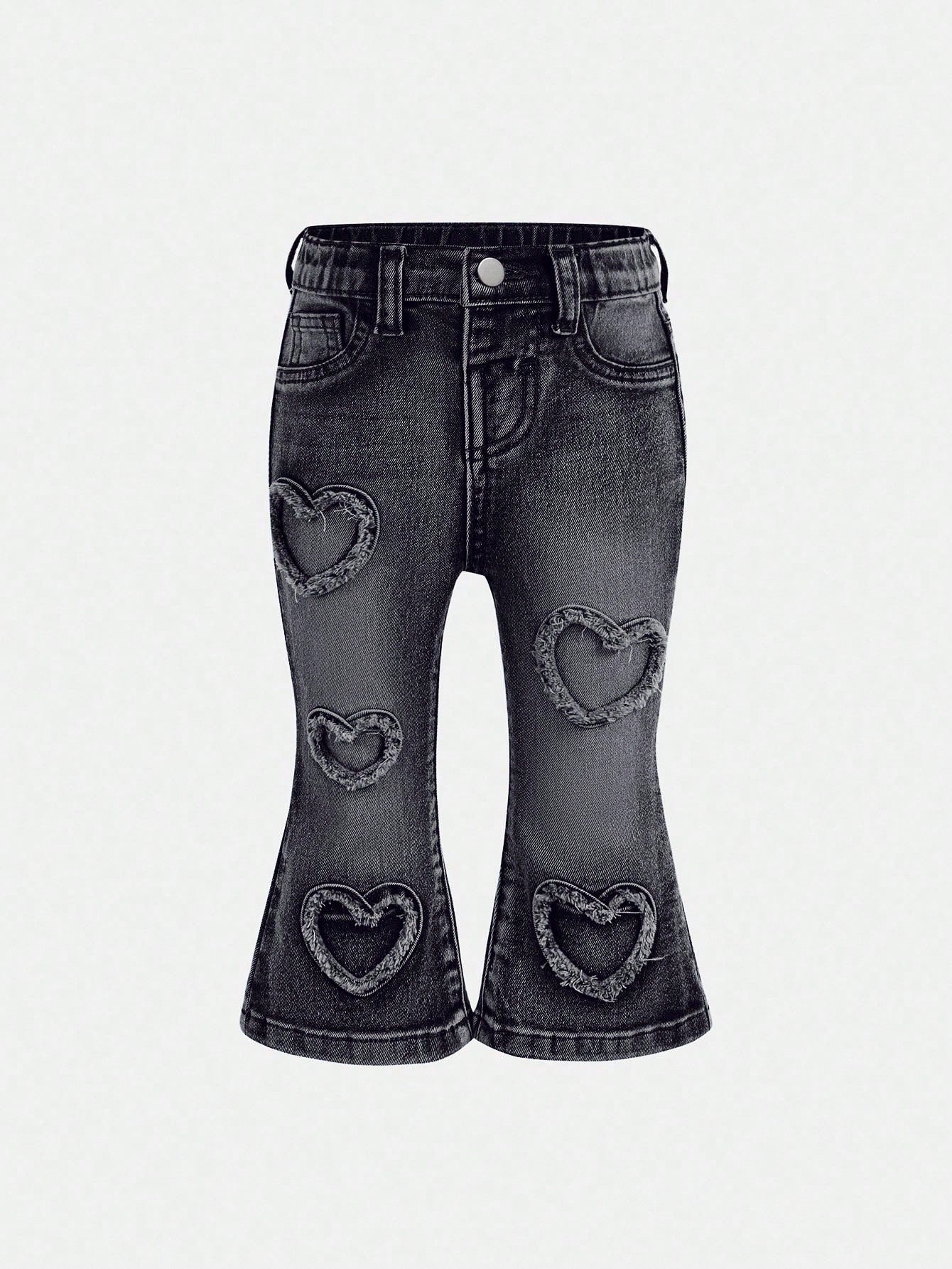 Baby Girls' Y2K Frayed Heart Denim Jeggings, Blue,Fall Clothes,Autumn Clothes,Heartwarming Patch,2000s Style Winter