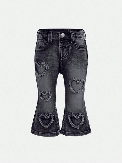 Baby Girls' Y2K Frayed Heart Denim Jeggings, Blue,Fall Clothes,Autumn Clothes,Heartwarming Patch,2000s Style Winter