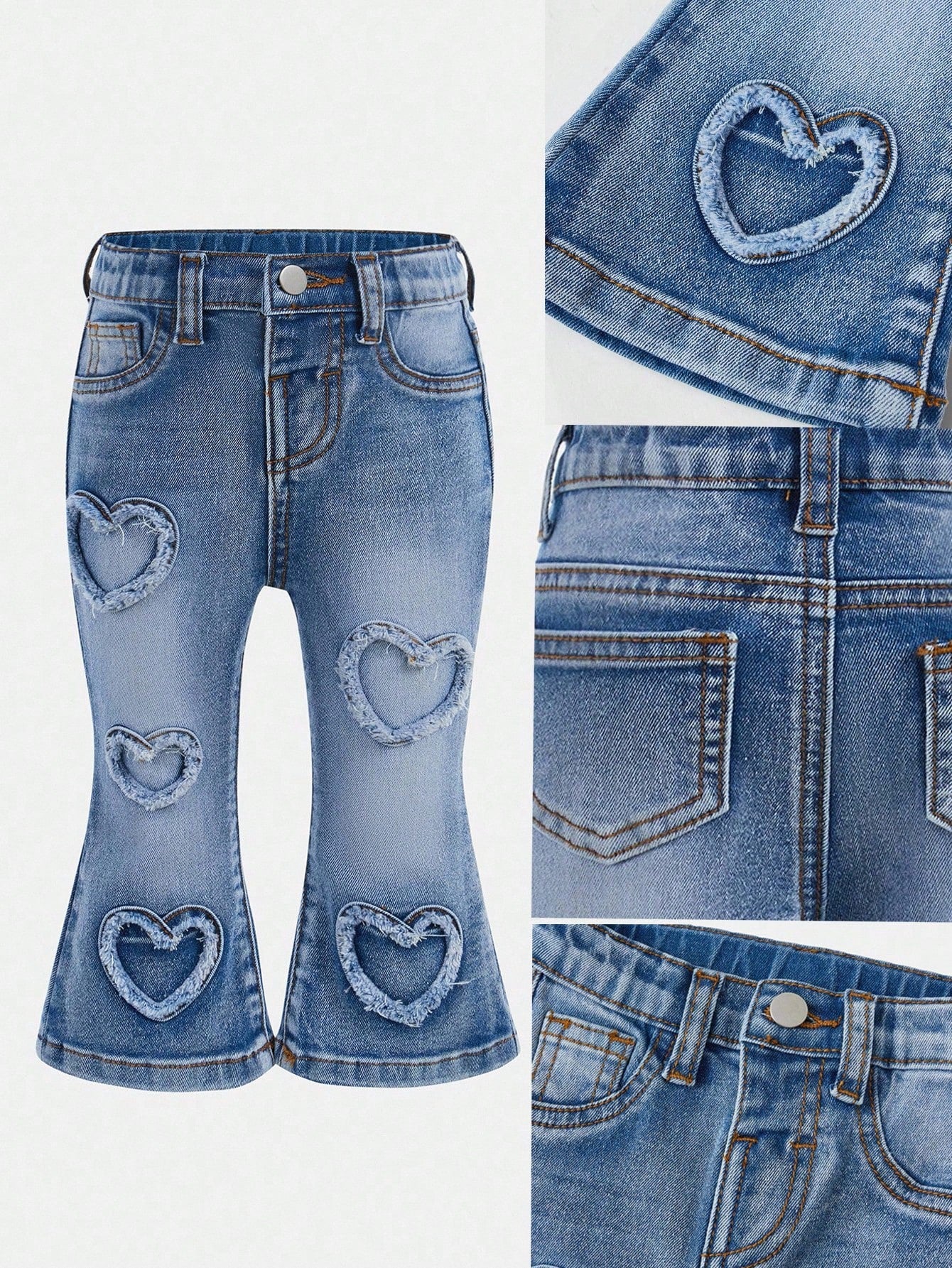 Baby Girls' Y2K Frayed Heart Denim Jeggings, Blue,Fall Clothes,Autumn Clothes,Heartwarming Patch,2000s Style Winter