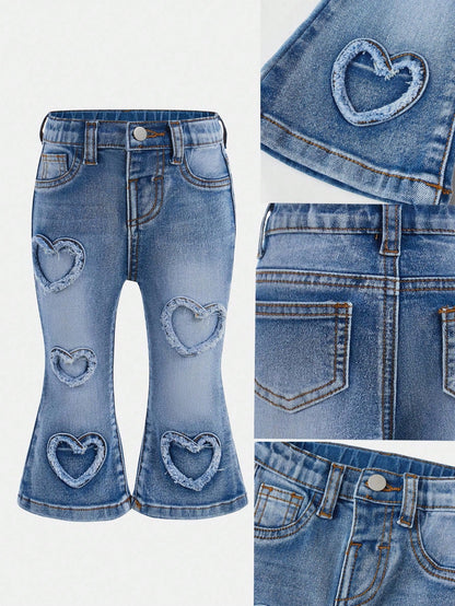 Baby Girls' Y2K Frayed Heart Denim Jeggings, Blue,Fall Clothes,Autumn Clothes,Heartwarming Patch,2000s Style Winter