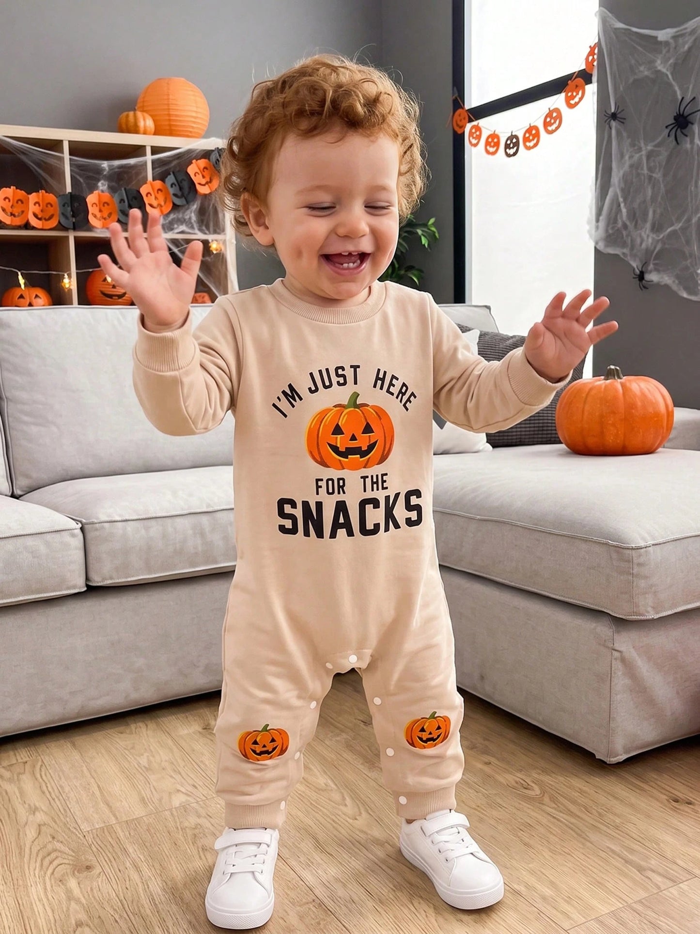 Baby Halloween Sweatshirt Romper Fall Pumpkin Print Long Sleeve Jumpsuit
