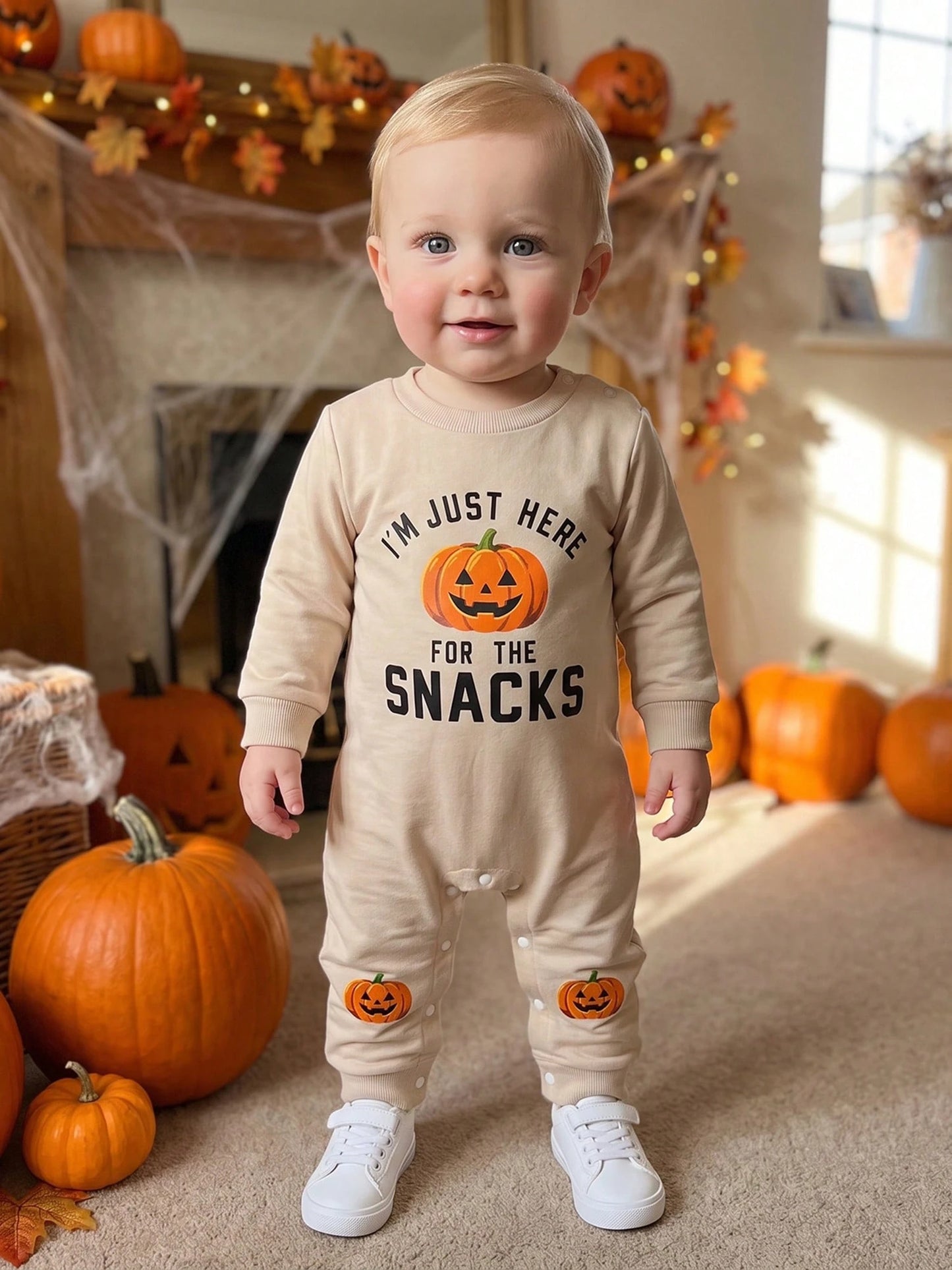 Baby Halloween Sweatshirt Romper Fall Pumpkin Print Long Sleeve Jumpsuit