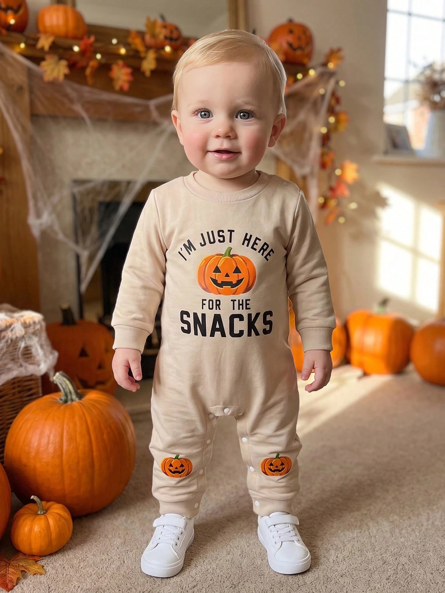 Baby Halloween Sweatshirt Romper Fall Pumpkin Print Long Sleeve Jumpsuit