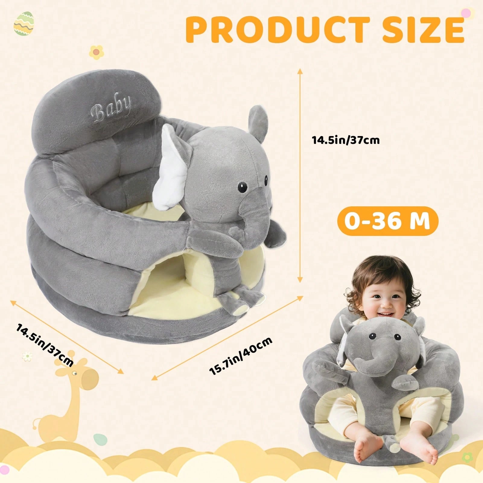 Baby Seat For 3-12 Months-Infant Sitting Support Chair With Cute Bear & Elephant Design, Soft Baby Sofa Floor Seat For Learning To Sit