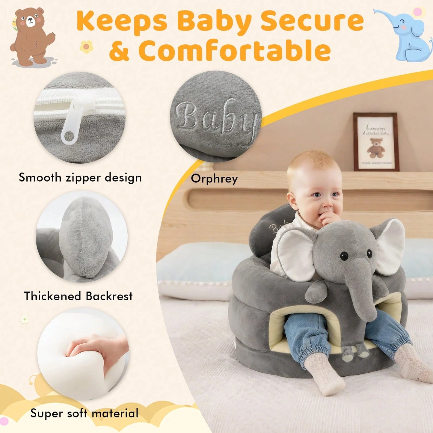Baby Seat For 3-12 Months-Infant Sitting Support Chair With Cute Bear & Elephant Design, Soft Baby Sofa Floor Seat For Learning To Sit