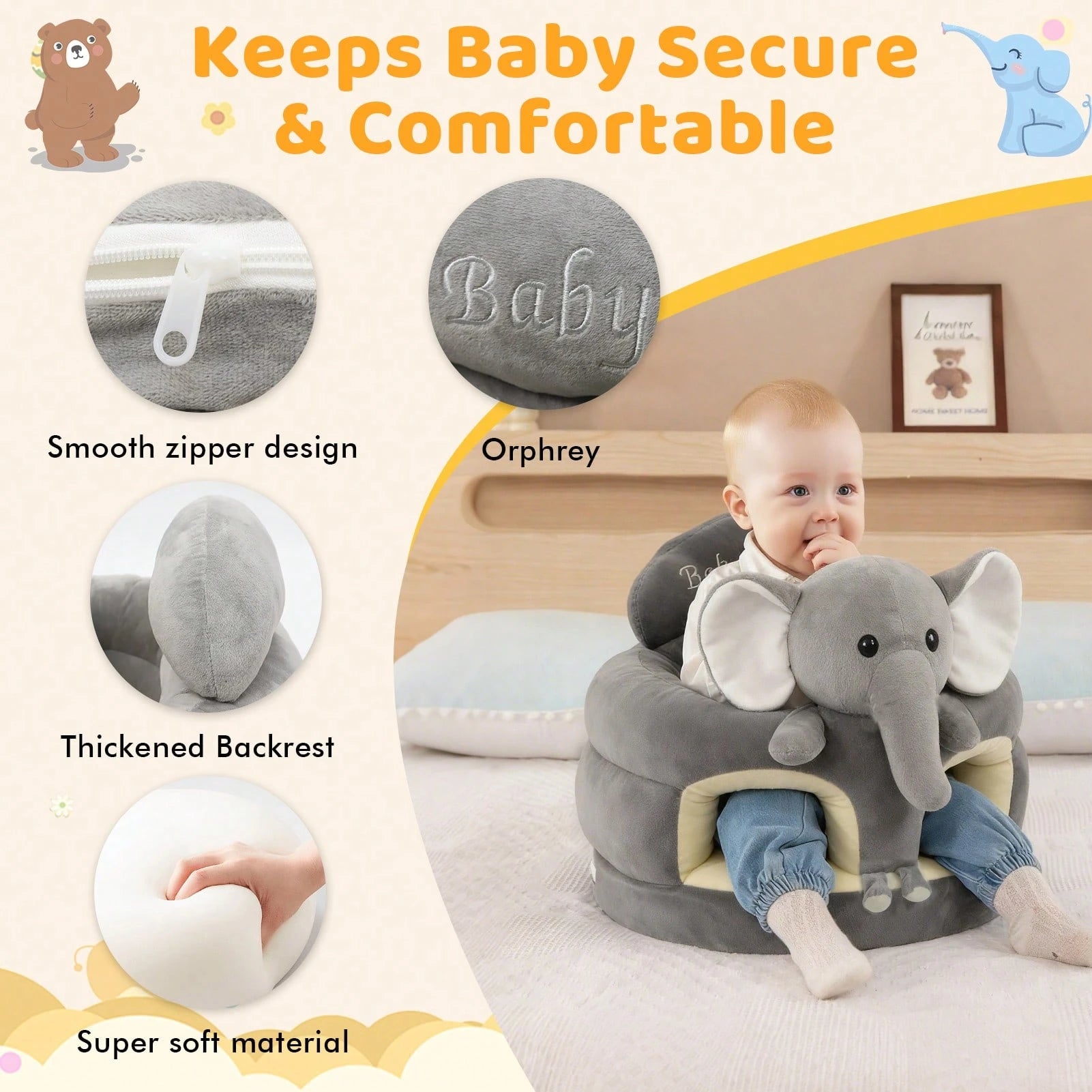 Baby Seat For 3-12 Months-Infant Sitting Support Chair With Cute Bear & Elephant Design, Soft Baby Sofa Floor Seat For Learning To Sit