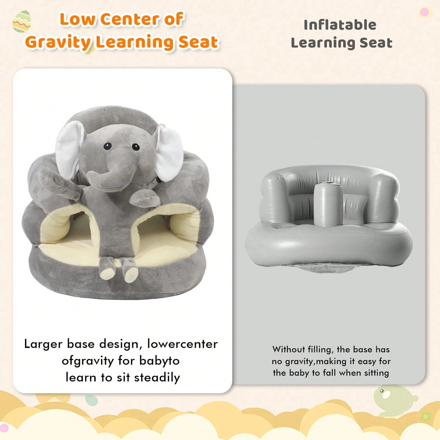 Baby Seat For 3-12 Months-Infant Sitting Support Chair With Cute Bear & Elephant Design, Soft Baby Sofa Floor Seat For Learning To Sit