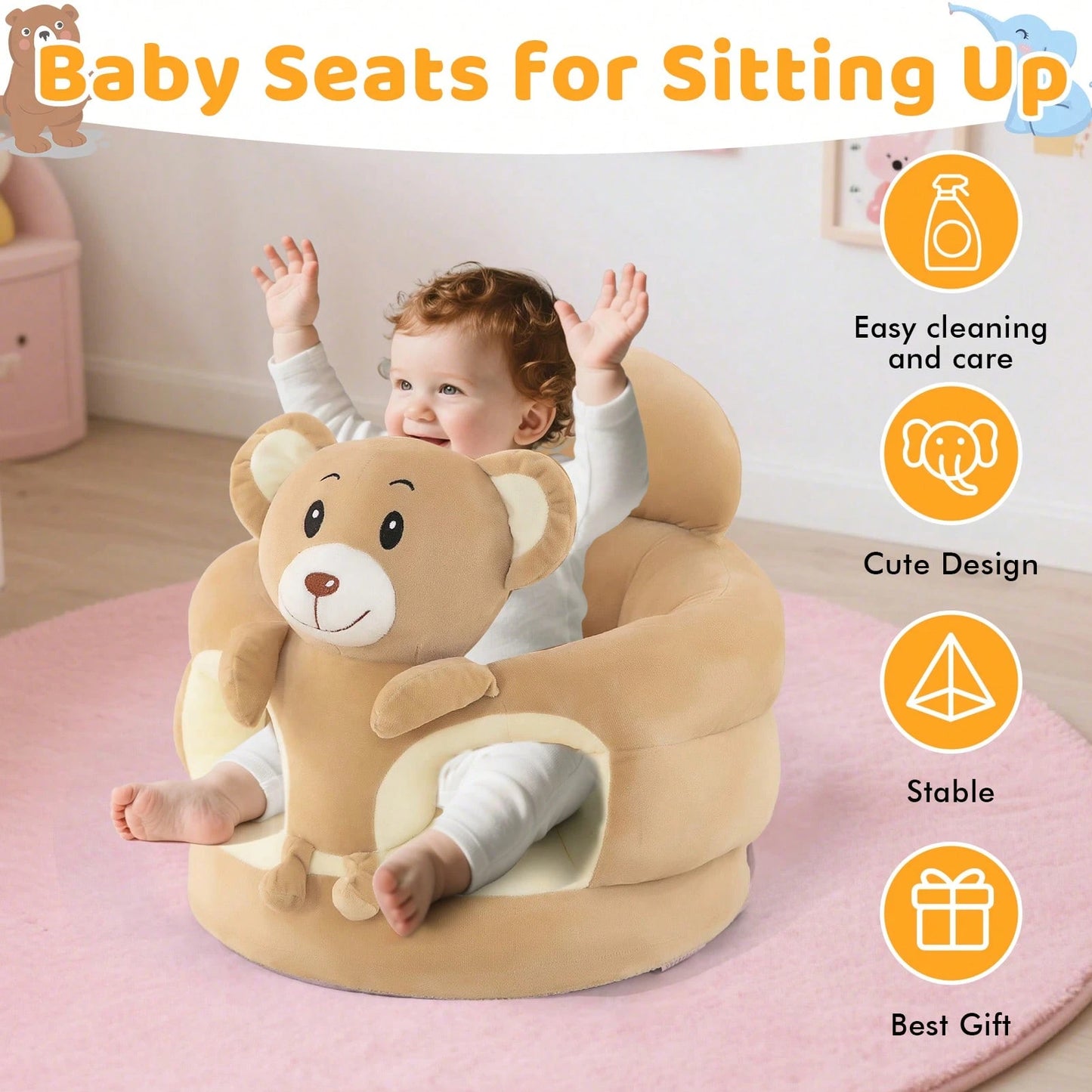 Baby Seat For 3-12 Months-Infant Sitting Support Chair With Cute Bear & Elephant Design, Soft Baby Sofa Floor Seat For Learning To Sit