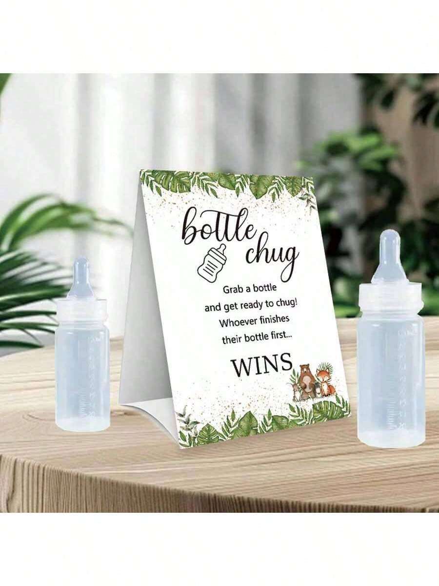 Baby Shower Gender Reveal Party Milk Bottle Game Set, With Woodland Style Game Signage And Bottle, Ideal For Baby Christening Party Gift, Gender Reveal Celebration, Party Game Decor
