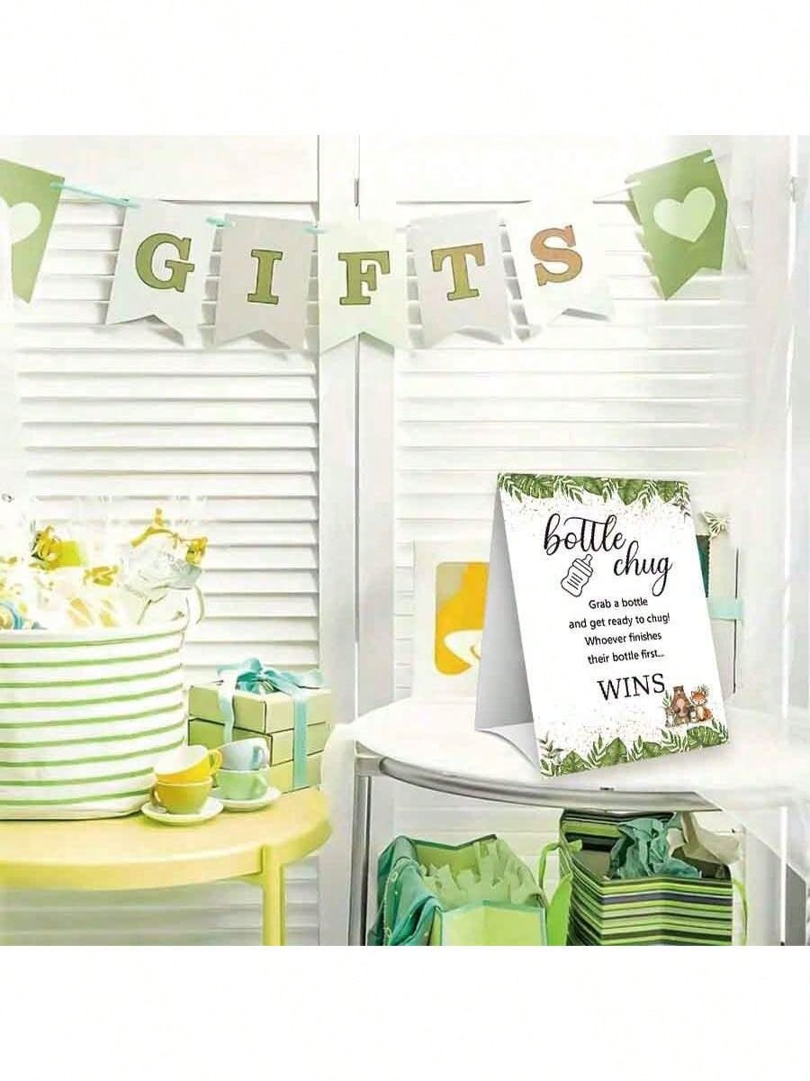 Baby Shower Gender Reveal Party Milk Bottle Game Set, With Woodland Style Game Signage And Bottle, Ideal For Baby Christening Party Gift, Gender Reveal Celebration, Party Game Decor