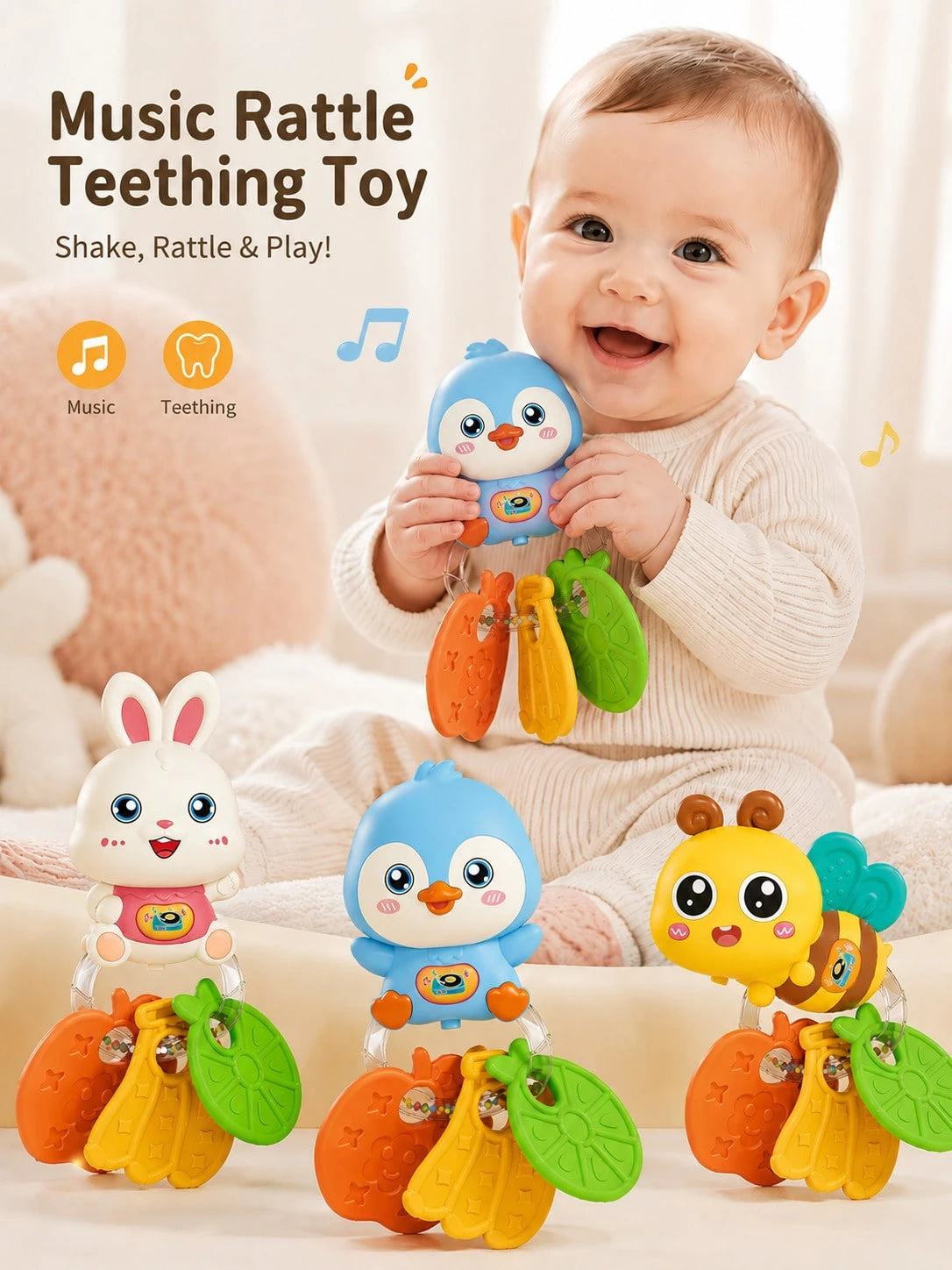 Baby Teether Rattle Toy, Early Education Toy, Develop Hand-Eye Coordination, Cute Cartoon Design, Newborn Boy Girl Gift