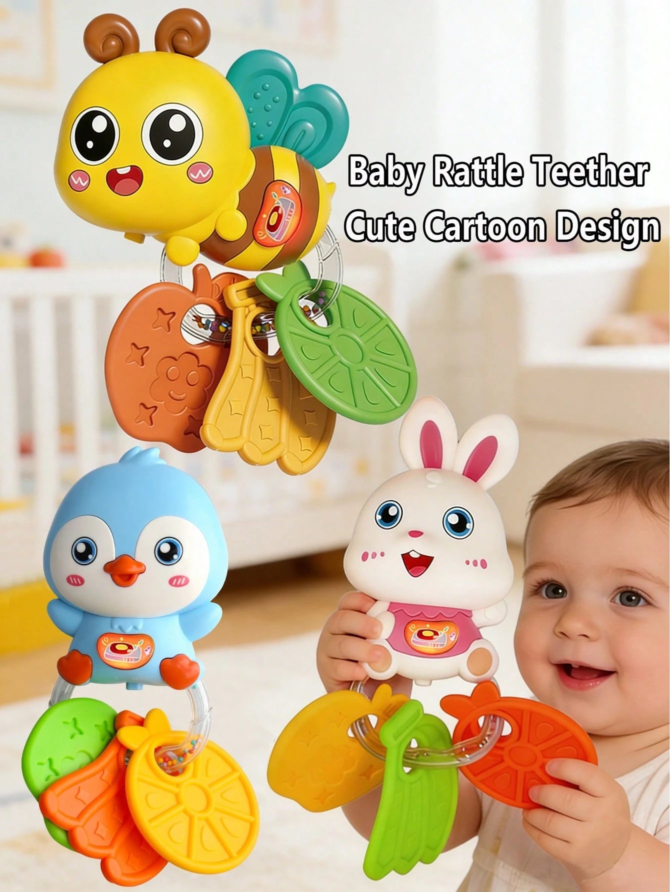 Baby Teether Rattle Toy, Early Education Toy, Develop Hand-Eye Coordination, Cute Cartoon Design, Newborn Boy Girl Gift