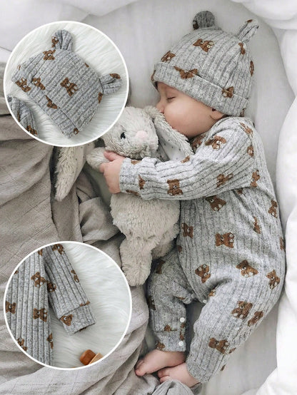 Baby Unisex Ribbed Long Sleeve Romper&3D Bear Ear Hat 2-Piece Set Infant Autumn Outfit All Shades Of Brown Autumn Cute Modest Family Matching Outfit