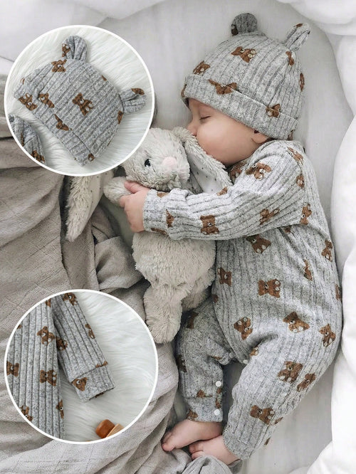 Baby Unisex Ribbed Long Sleeve Romper&3D Bear Ear Hat 2-Piece Set Infant Autumn Outfit All Shades Of Brown Autumn Cute Modest Family Matching Outfit