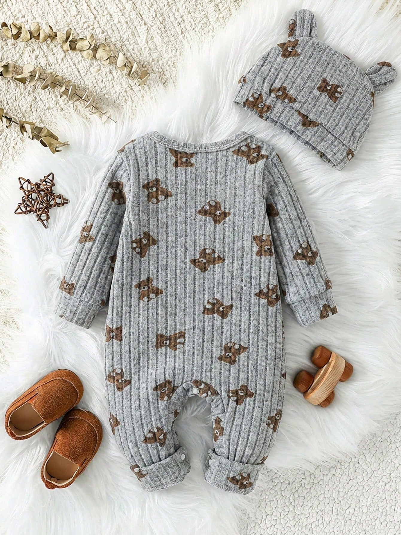 Baby Unisex Ribbed Long Sleeve Romper&3D Bear Ear Hat 2-Piece Set Infant Autumn Outfit All Shades Of Brown Autumn Cute Modest Family Matching Outfit