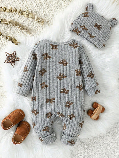 Baby Unisex Ribbed Long Sleeve Romper&3D Bear Ear Hat 2-Piece Set Infant Autumn Outfit All Shades Of Brown Autumn Cute Modest Family Matching Outfit