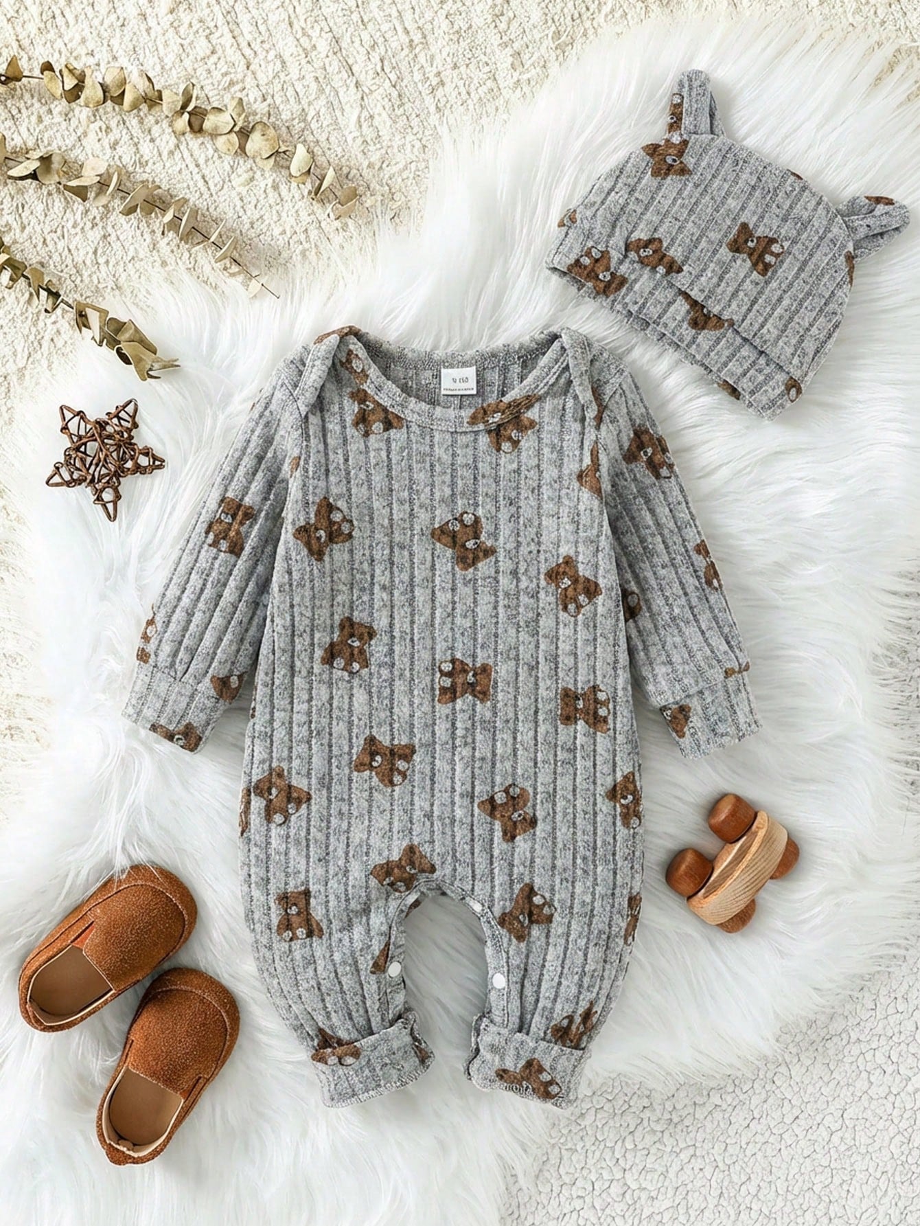 Baby Unisex Ribbed Long Sleeve Romper&3D Bear Ear Hat 2-Piece Set Infant Autumn Outfit All Shades Of Brown Autumn Cute Modest Family Matching Outfit