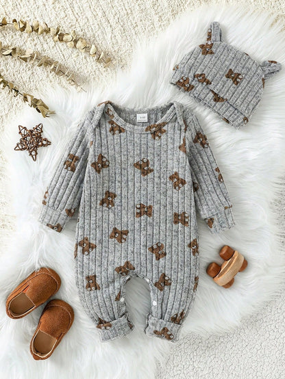 Baby Unisex Ribbed Long Sleeve Romper&3D Bear Ear Hat 2-Piece Set Infant Autumn Outfit All Shades Of Brown Autumn Cute Modest Family Matching Outfit