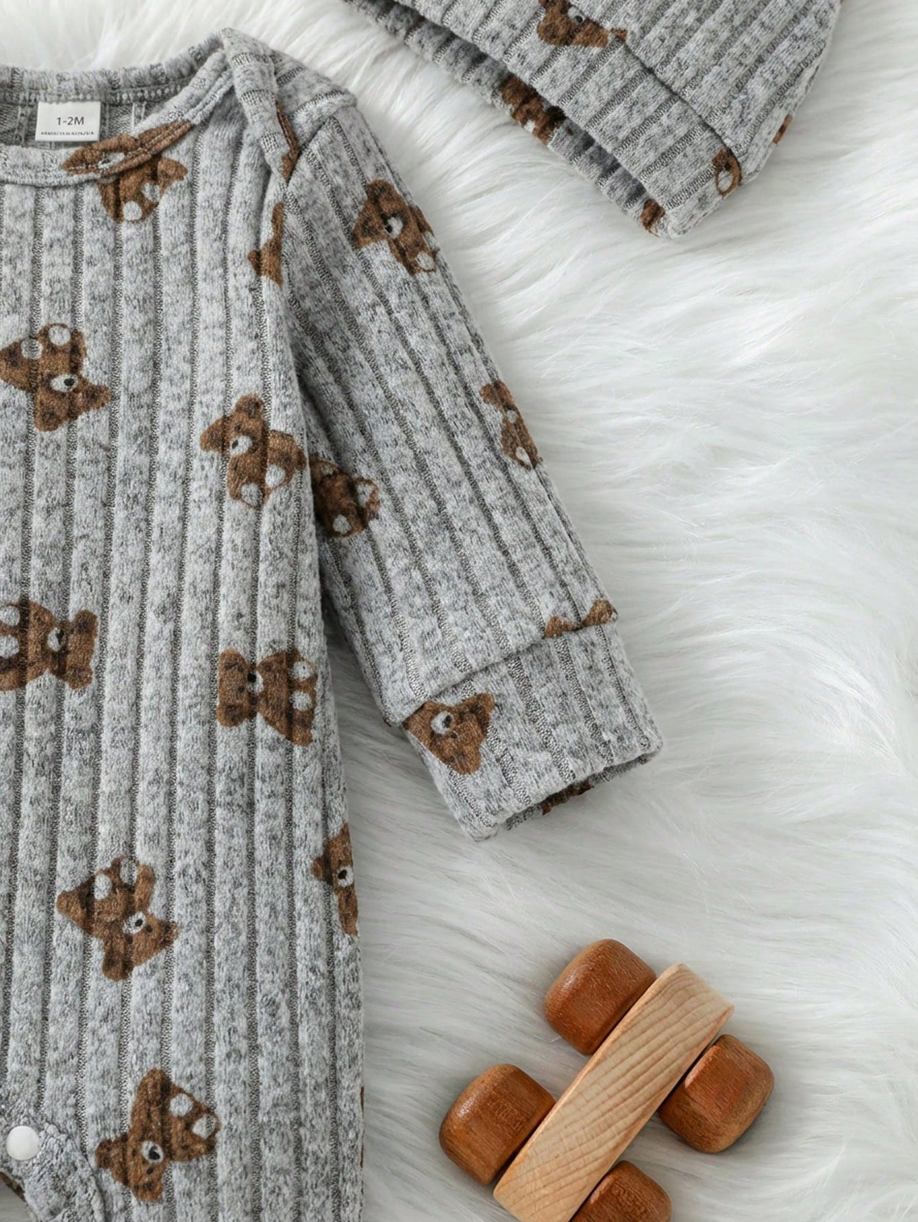 Baby Unisex Ribbed Long Sleeve Romper&3D Bear Ear Hat 2-Piece Set Infant Autumn Outfit All Shades Of Brown Autumn Cute Modest Family Matching Outfit