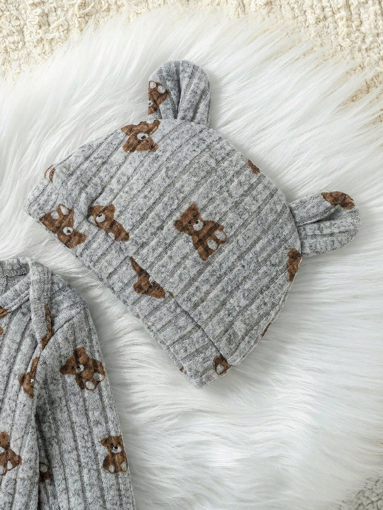 Baby Unisex Ribbed Long Sleeve Romper&3D Bear Ear Hat 2-Piece Set Infant Autumn Outfit All Shades Of Brown Autumn Cute Modest Family Matching Outfit