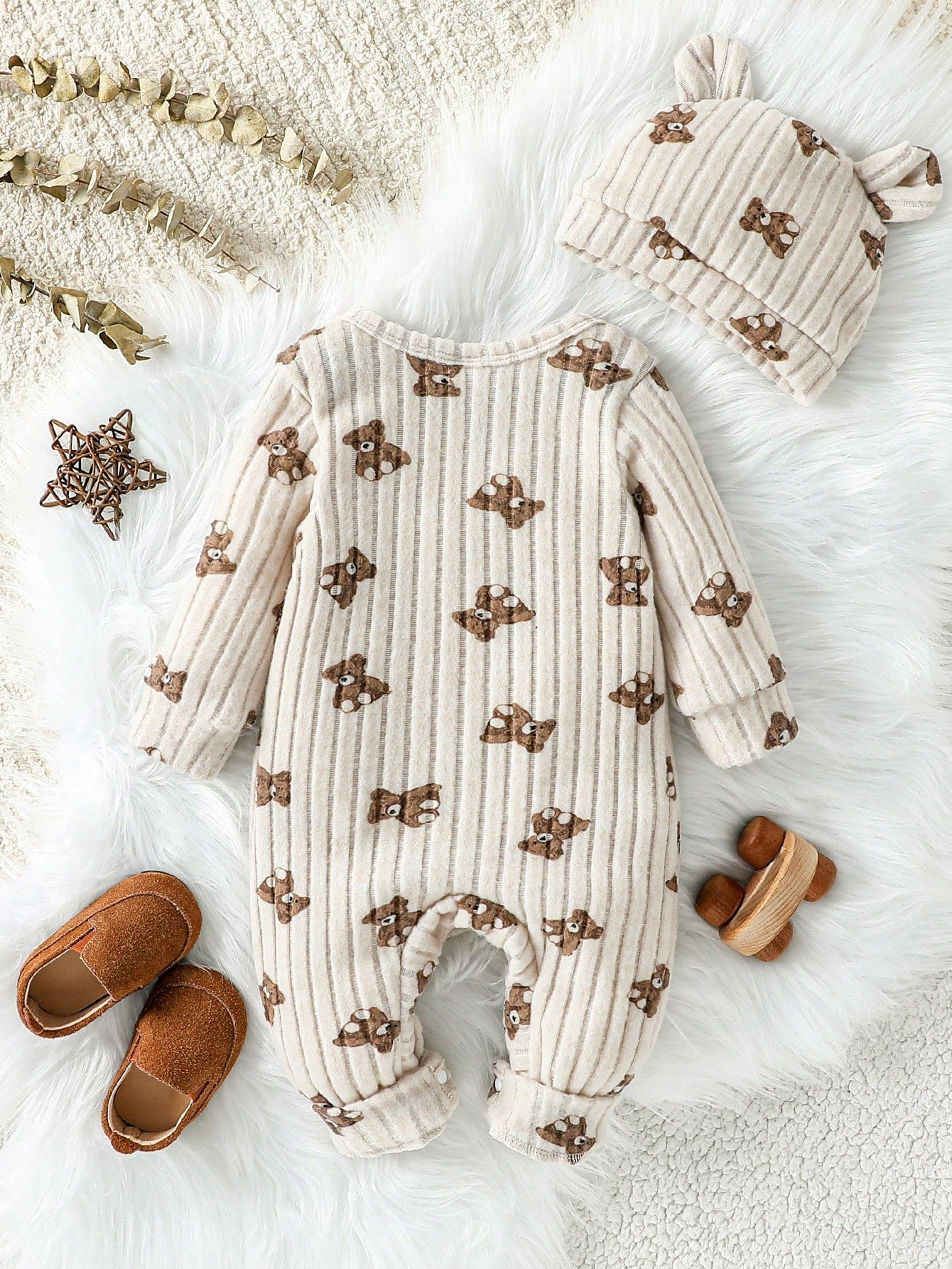 Baby Unisex Ribbed Long Sleeve Romper&3D Bear Ear Hat 2-Piece Set Infant Autumn Outfit All Shades Of Brown Autumn Cute Modest Family Matching Outfit