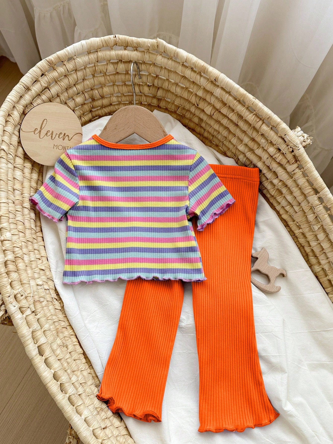 Babygirl Cute Summer Casual Versatile Knit Colorful Striped Short Sleeve Top And Elastic Waist Pants Set