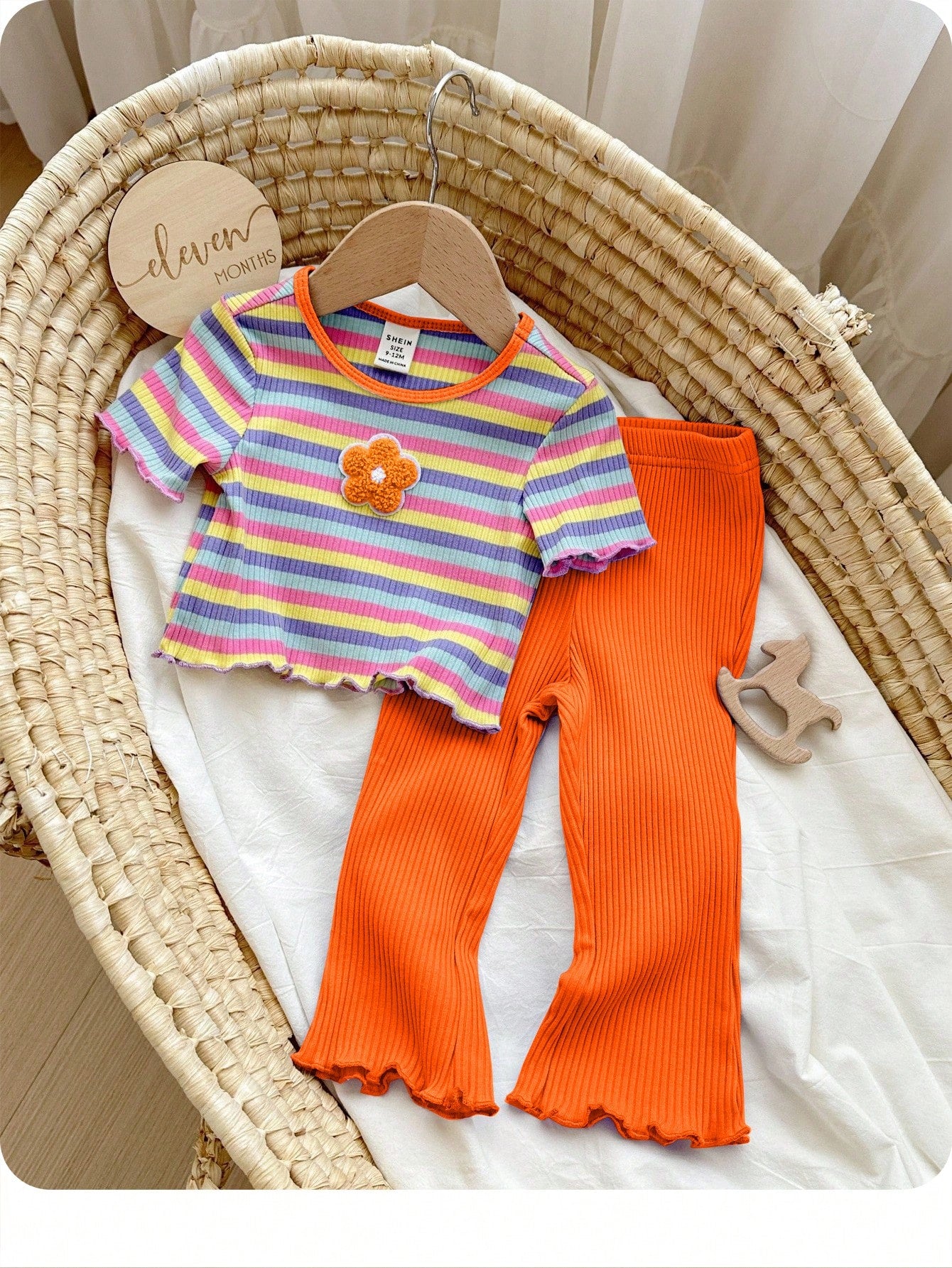 Babygirl Cute Summer Casual Versatile Knit Colorful Striped Short Sleeve Top And Elastic Waist Pants Set