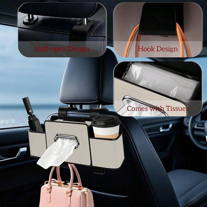 Back Seat Organizer With Tissue, Car Seat Back Tissue Box And Storage Hook, Multifunctional Car Organizer For Hold Phone,Drinks,Handbag