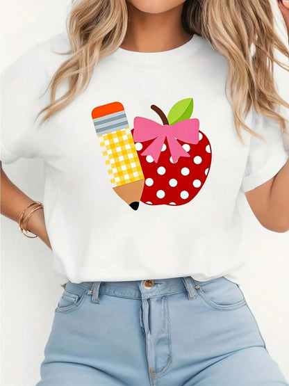 Back To School Tee,Women's Cute Pencil & Apple Graphic T-Shirt Red Polka Dot Bow Heart Design Soft Breathable Short Sleeve Crew Neck Casual Daily Tee