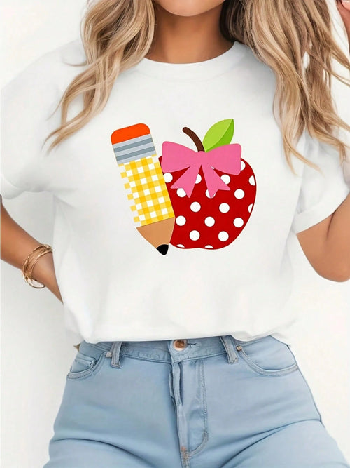 Back To School Tee,Women's Cute Pencil & Apple Graphic T-Shirt Red Polka Dot Bow Heart Design Soft Breathable Short Sleeve Crew Neck Casual Daily Tee