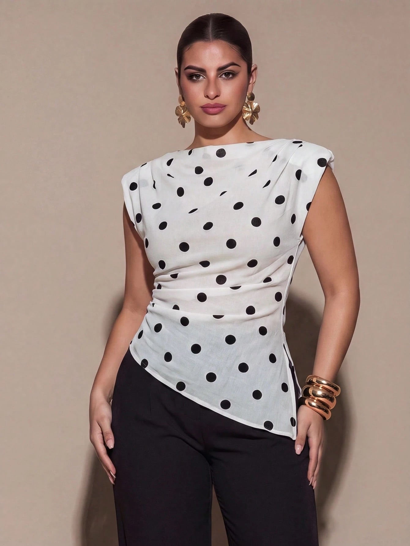 BAE CURVE Elegant 80s Black And White Polka Dots Summer Top Round Neck Padded Shoulder Sleeveless Asymmetrical Hem Pleated Shirt Party Birthday Dinner Wedding