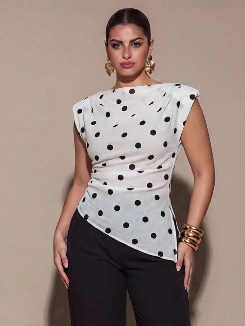 BAE CURVE Elegant 80s Black And White Polka Dots Summer Top Round Neck Padded Shoulder Sleeveless Asymmetrical Hem Pleated Shirt Party Birthday Dinner Wedding