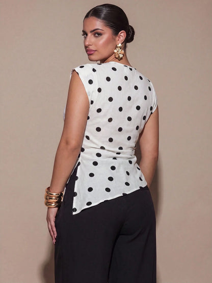 BAE CURVE Elegant 80s Black And White Polka Dots Summer Top Round Neck Padded Shoulder Sleeveless Asymmetrical Hem Pleated Shirt Party Birthday Dinner Wedding
